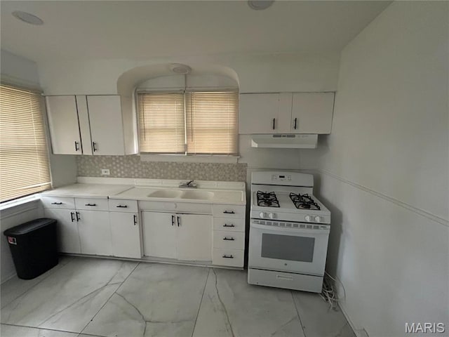 8937 Edna St, Saint Louis, MO 63147 - kitchen with white range with gas cooktop, a sink, under cabinet range hood, and healthy amount of natural light