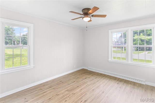 420 E Hauser St, Litchfield, IL 62056 - spare room featuring a baseboard radiator, plenty of natural light, ornamental molding, light wood-type flooring, and ceiling fan