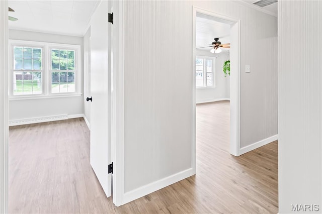 420 E Hauser St, Litchfield, IL 62056 - hallway featuring light wood-style floors, healthy amount of natural light, crown molding, baseboards, and a baseboard heating unit