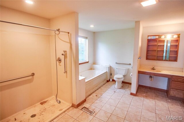 33425 Irish Ln, Brighton, IL 62012 - full bath with a stall shower, a bath, vanity, recessed lighting, and tile patterned flooring