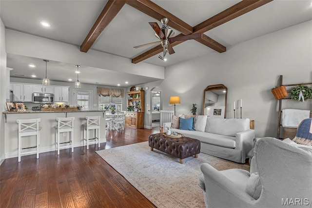 147 Old Towne Ln, Cape Girardeau, MO 63701 - living area with ceiling fan, dark wood-style floors, recessed lighting, beamed ceiling, and baseboards