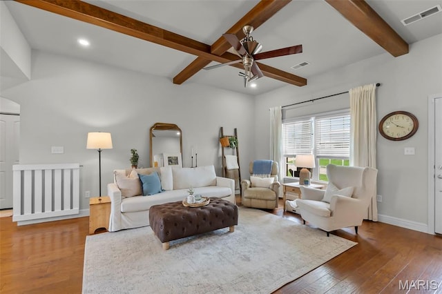 147 Old Towne Ln, Cape Girardeau, MO 63701 - living area featuring a ceiling fan, hardwood / wood-style floors, beamed ceiling, baseboards, and recessed lighting