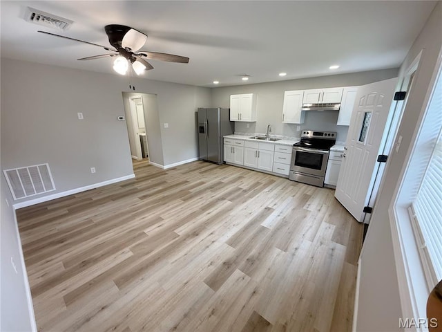 604 N Henderson St Unit A & B, Salem, MO 65560 - kitchen featuring appliances with stainless steel finishes, a sink, ceiling fan, under cabinet range hood, and light wood-style flooring