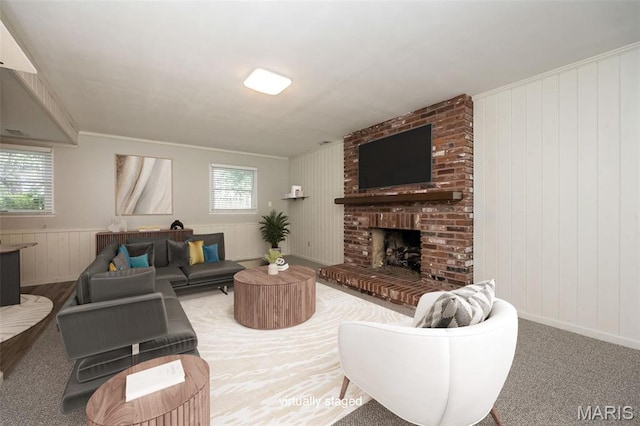 2237 Ole Castle Ct, Chesterfield, MO 63017 - carpeted living room featuring a fireplace and wooden walls