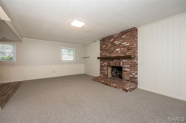 2237 Ole Castle Ct, Chesterfield, MO 63017 - unfurnished living room with a fireplace, carpet, and wainscoting