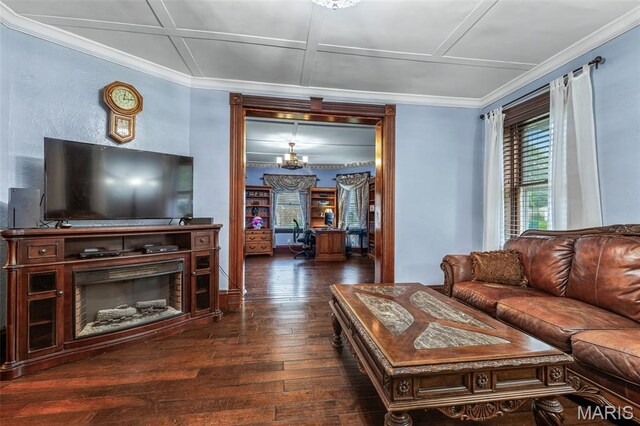 698N 3rd St, Saint Genevieve, MO 63670 - living room with a chandelier, hardwood / wood-style flooring, crown molding, and a fireplace