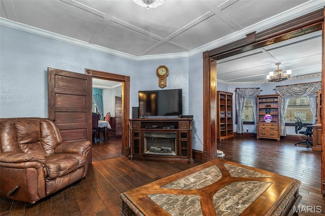 698N 3rd St, Saint Genevieve, MO 63670 - living room with hardwood / wood-style flooring, a chandelier, ornamental molding, coffered ceiling, and a textured wall