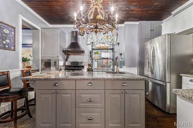 698N 3rd St, Saint Genevieve, MO 63670 - kitchen with stainless steel appliances, wall chimney exhaust hood, an island with sink, a chandelier, and wood ceiling