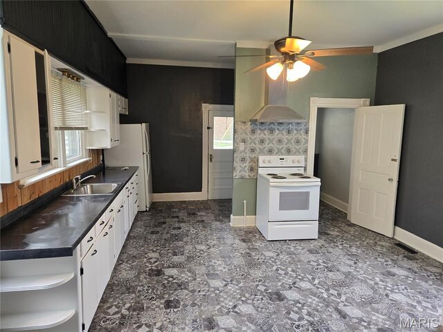 107 N 18th St, Belleville, IL 62226 - kitchen featuring white appliances, a sink, dark countertops, ceiling fan, and open shelves