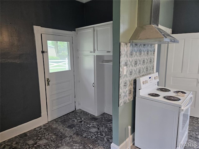 107 N 18th St, Belleville, IL 62226 - kitchen featuring electric range, wall chimney range hood, and white cabinets