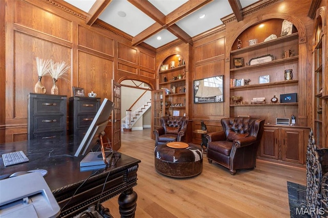 1315 Wildhorse Meadows Dr, Chesterfield, MO 63005 - office with built in features, coffered ceiling, light wood-style floors, beamed ceiling, and wood walls