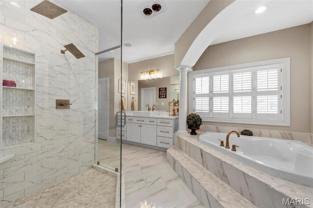 1315 Wildhorse Meadows Dr, Chesterfield, MO 63005 - full bathroom with marble look tiles, tiled shower, a bath, vanity, and decorative columns