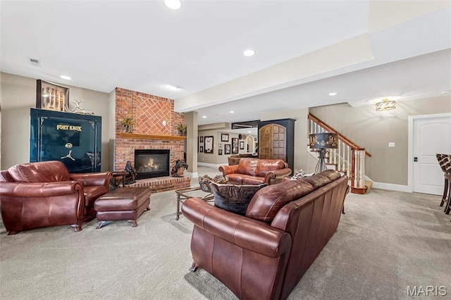 1315 Wildhorse Meadows Dr, Chesterfield, MO 63005 - living room with light colored carpet, stairs, recessed lighting, a brick fireplace, and baseboards