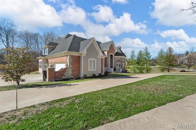 1315 Wildhorse Meadows Dr, Chesterfield, MO 63005 - view of side of home with brick siding, a lawn, driveway, and a shingled roof