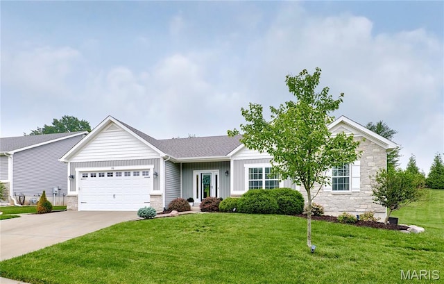 1810 Barclay Bluff Ct, Wentzville, MO 63385 - single story home with stone siding, board and batten siding, a front yard, a garage, and concrete driveway