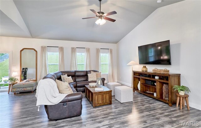 1810 Barclay Bluff Ct, Wentzville, MO 63385 - living area featuring lofted ceiling, wood finished floors, plenty of natural light, and a ceiling fan