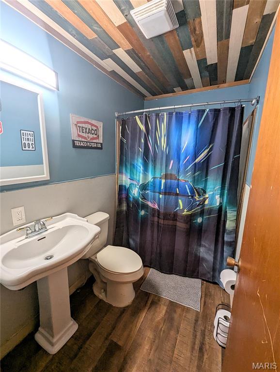 200 N Elm St, Campbell, MO 63933 - full bathroom featuring toilet, wood finished floors, a shower with curtain, and a sink