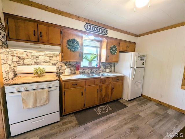 200 N Elm St, Campbell, MO 63933 - kitchen featuring under cabinet range hood, white appliances, a sink, light wood-type flooring, and light countertops
