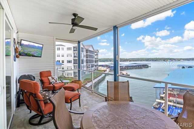 18051 Blue Anchor Dr Unit 533, Gravois Mills, MO 65037 - sunroom / solarium featuring a ceiling fan and a water view