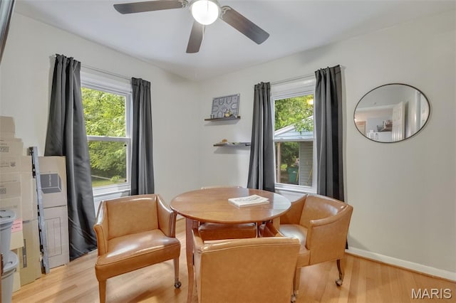 169 W Kirkham Ave, Webster Groves, MO 63119 - dining space featuring light wood-style flooring and a ceiling fan