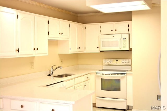 2224 Clayville Ct, Chesterfield, MO 63017 - kitchen with white appliances, a sink, white cabinetry, and crown molding