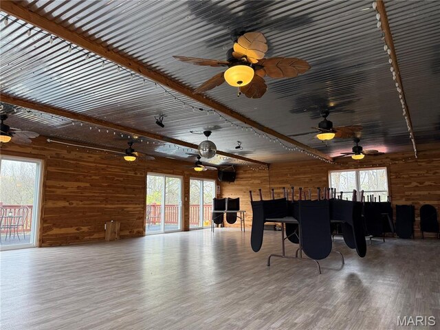 480 N Lindsey Rd, Winfield, MO 63389 - living room featuring wood walls, wood finished floors, plenty of natural light, and ceiling fan