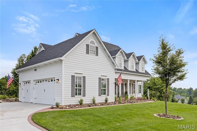776 Hillenkamp Dr, Weldon Spring, MO 63304 - cape cod home with driveway, a front yard, roof with shingles, an attached garage, and covered porch