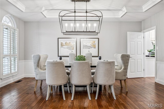 776 Hillenkamp Dr, Weldon Spring, MO 63304 - dining space featuring ornamental molding, a tray ceiling, wood-type flooring, and a chandelier