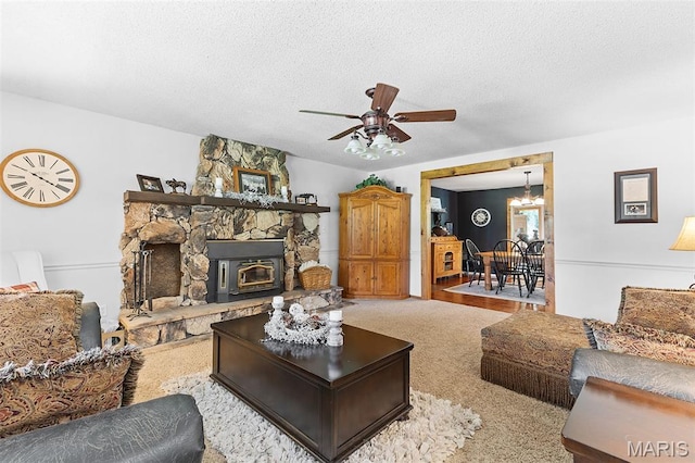2004 Possum Hollow Rd, Farmington, MO 63640 - carpeted living area featuring a textured ceiling, a ceiling fan, and a chandelier
