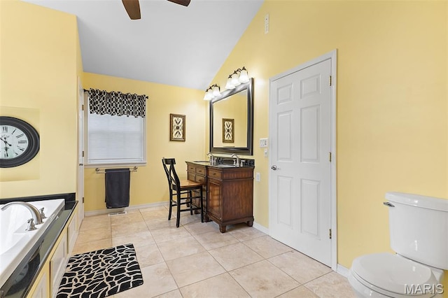 2004 Possum Hollow Rd, Farmington, MO 63640 - full bathroom with vanity, ceiling fan, tile patterned flooring, vaulted ceiling, and a garden tub