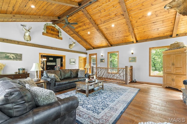 2004 Possum Hollow Rd, Farmington, MO 63640 - living area featuring wood ceiling with exposed beams, light wood-style flooring, baseboards, ceiling fan, and recessed lighting