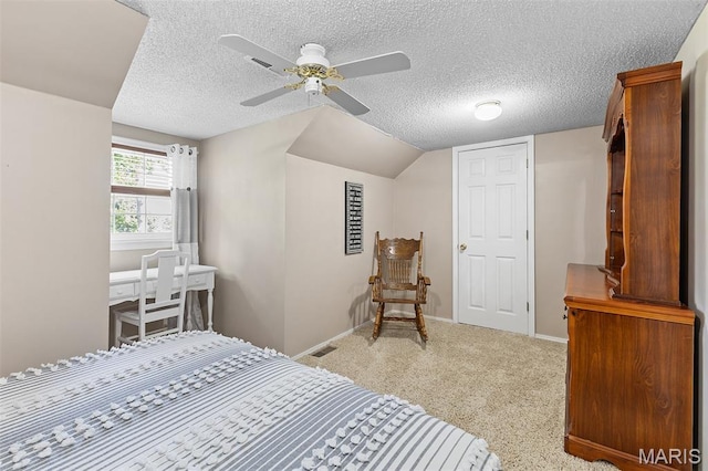 2004 Possum Hollow Rd, Farmington, MO 63640 - bedroom with baseboards, a textured ceiling, carpet flooring, ceiling fan, and vaulted ceiling