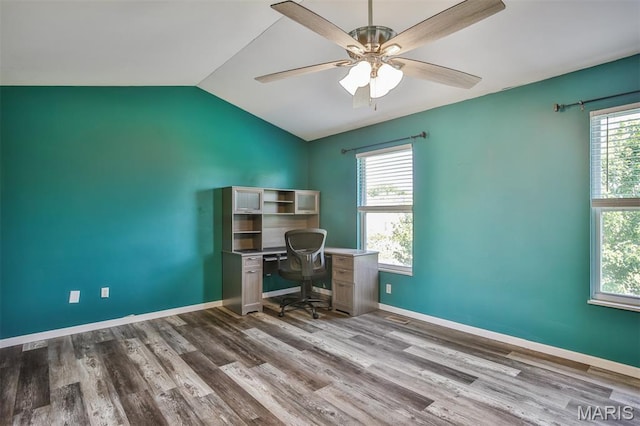 505 Lias Way, Wentzville, MO 63385 - home office with vaulted ceiling, a ceiling fan, and wood finished floors