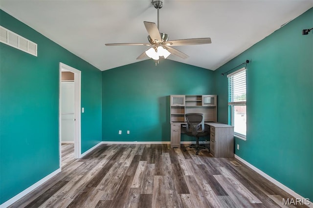 505 Lias Way, Wentzville, MO 63385 - office featuring ceiling fan, wood finished floors, vaulted ceiling, and built in study area