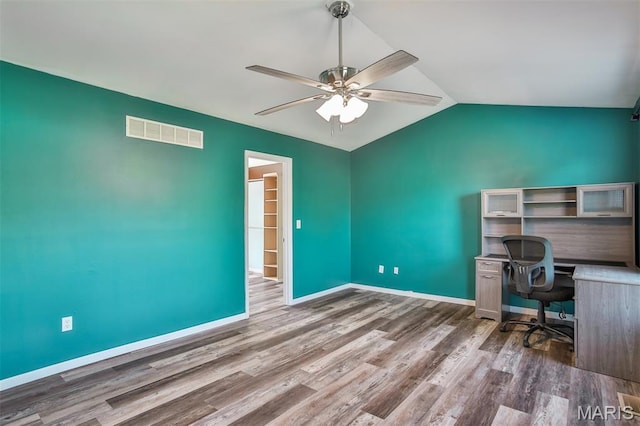 505 Lias Way, Wentzville, MO 63385 - unfurnished office with a ceiling fan, vaulted ceiling, and wood finished floors