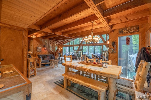483 Hummingbird View Dr, Innsbrook, MO 63390 - dining area with wooden walls, plenty of natural light, a chandelier, and a wooden ceiling with exposed beams