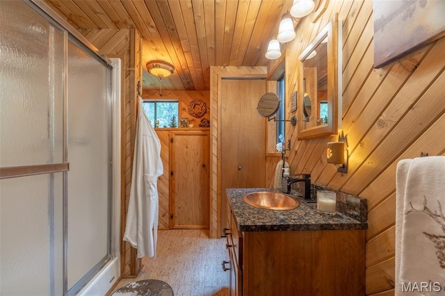 483 Hummingbird View Dr, Innsbrook, MO 63390 - full bath with wood walls, a stall shower, vanity, and wooden ceiling