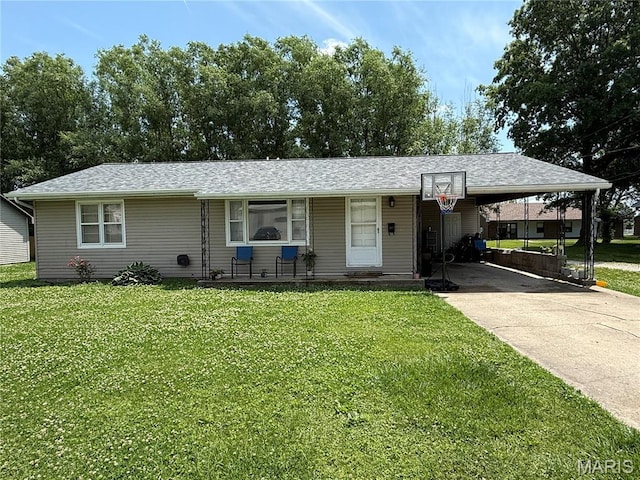 205 S 6th, Shelbina, MO 63468 - ranch-style home with an attached carport, a front lawn, driveway, and roof with shingles