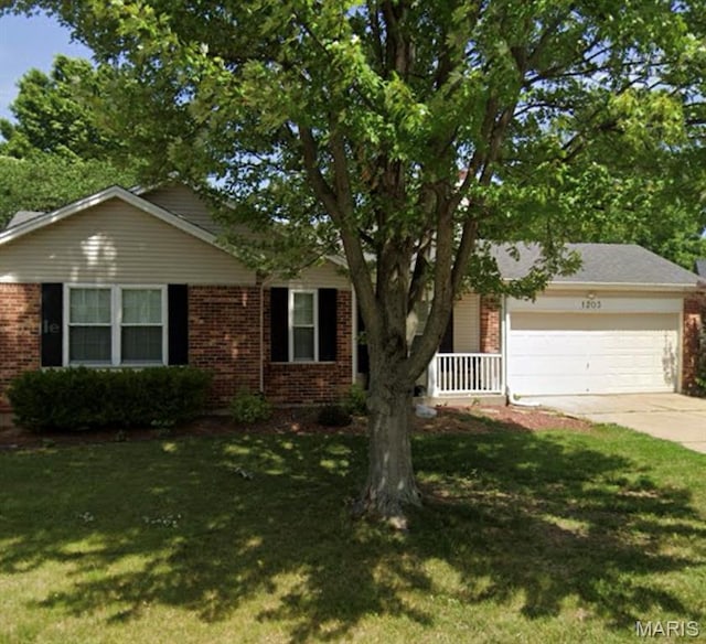 1203 Summerwood Dr, Saint Peters, MO 63376 - view of front of house with brick siding, a garage, concrete driveway, and a front lawn