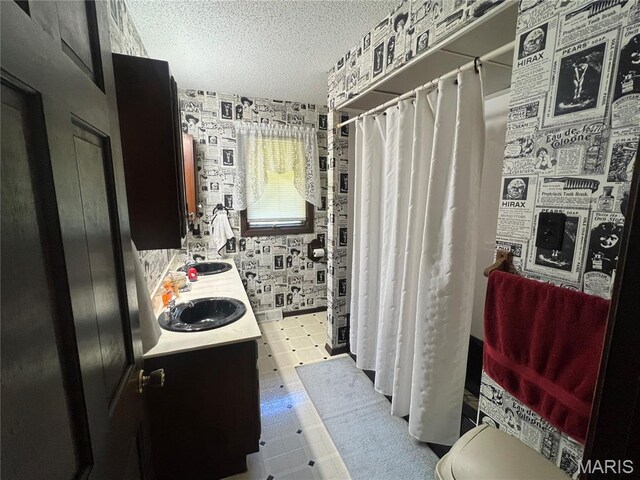32 Bobwhite Ln, Troy, MO 63379 - full bathroom featuring a textured ceiling, double vanity, and curtained shower