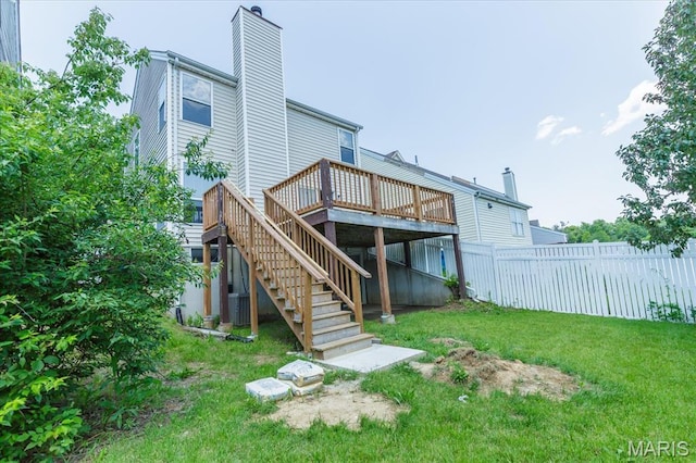 11256 Liberty Landing Dr, Florissant, MO 63033 - back of house featuring stairway, a wooden deck, a chimney, and cooling unit