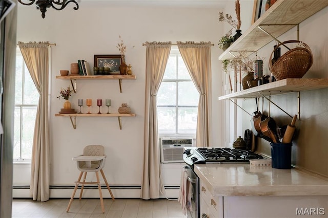 124 W Ross St, Palmyra, MO 63461 - kitchen with open shelves, plenty of natural light, and baseboard heating