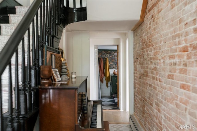 124 W Ross St, Palmyra, MO 63461 - hallway featuring brick wall and stairway