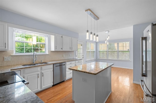 12101 Fahrpark Ln, Saint Louis, MO 63146 - kitchen featuring stainless steel appliances, a kitchen island, white cabinets, and decorative backsplash