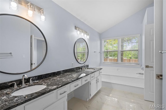 12101 Fahrpark Ln, Saint Louis, MO 63146 - bathroom with marble finish floors, double vanity, lofted ceiling, and a bath