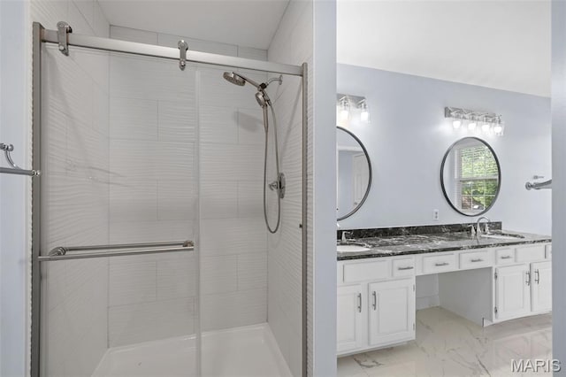 12101 Fahrpark Ln, Saint Louis, MO 63146 - full bathroom featuring marble finish flooring, a stall shower, and double vanity