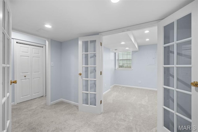 12101 Fahrpark Ln, Saint Louis, MO 63146 - hallway with french doors, carpet floors, and recessed lighting