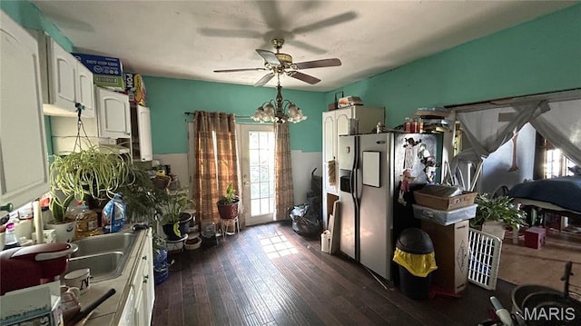 526 N Locust St, Dexter, MO 63841 - kitchen with fridge with ice dispenser, ceiling fan, dark wood-style flooring, and white cabinetry