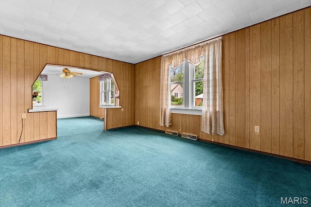 542 S Main St, Waterloo, IL 62298 - spare room with carpet floors, plenty of natural light, wooden walls, a ceiling fan, and baseboards