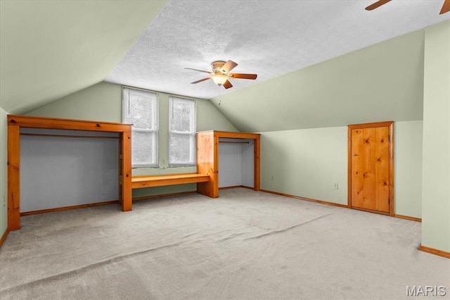 542 S Main St, Waterloo, IL 62298 - additional living space with ceiling fan, vaulted ceiling, baseboards, carpet, and a textured ceiling